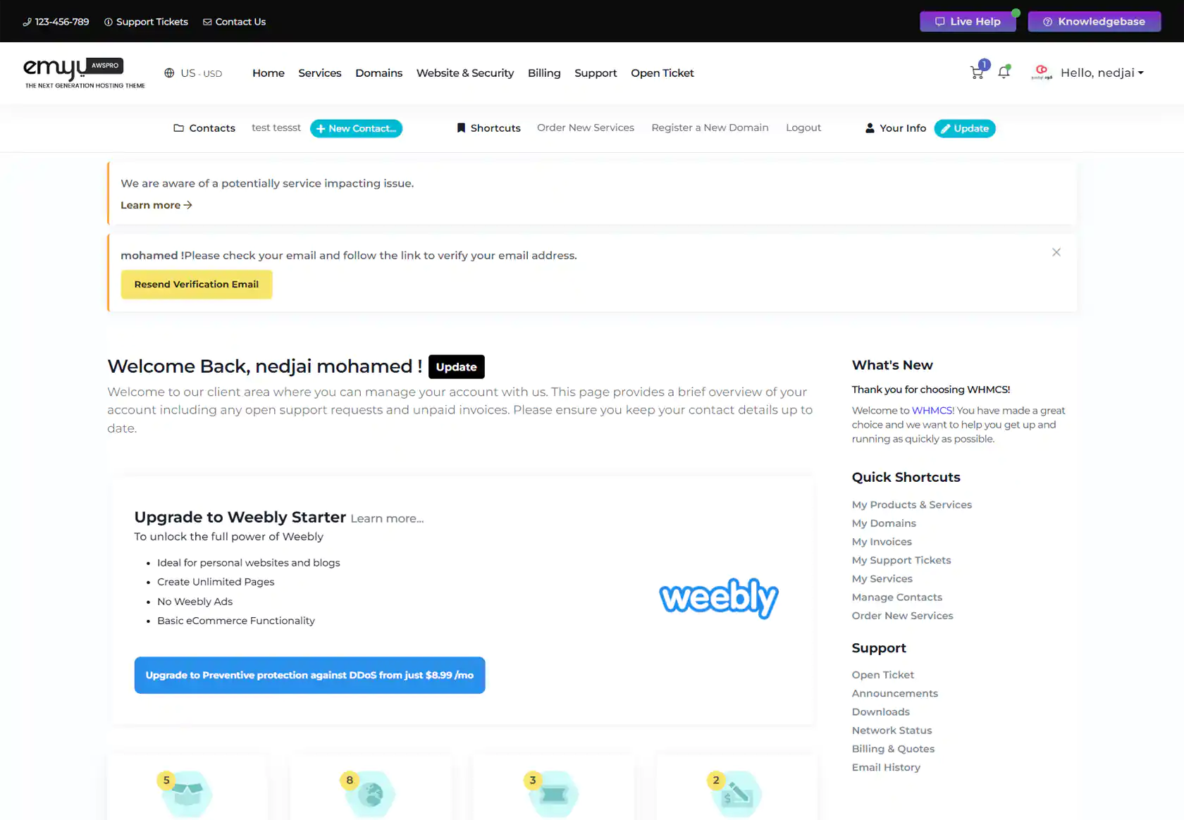 latest version WHMCS Theme by coodiv screenshot emyui aws pro