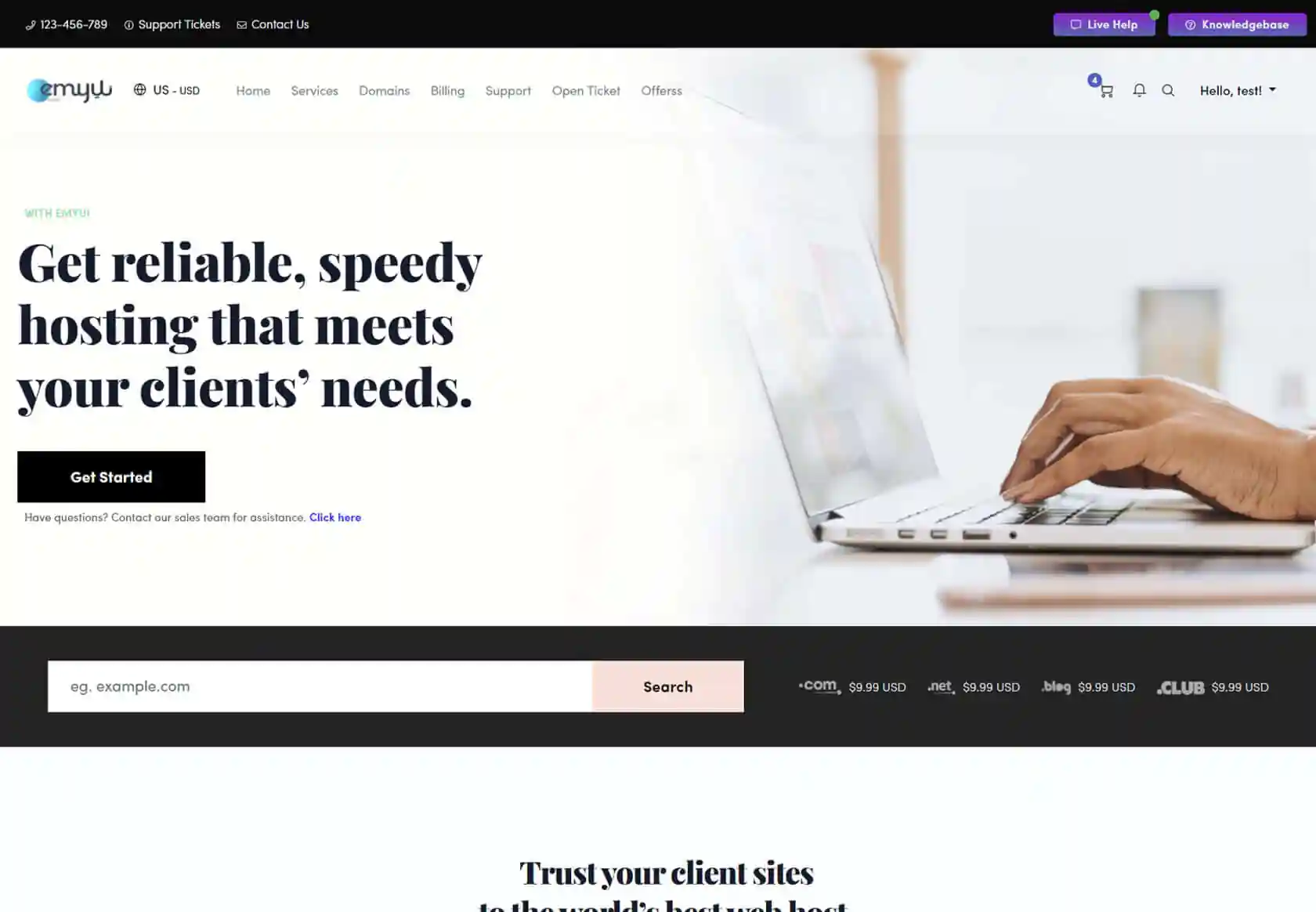EMYUI WHMCS Client Theme - homepage