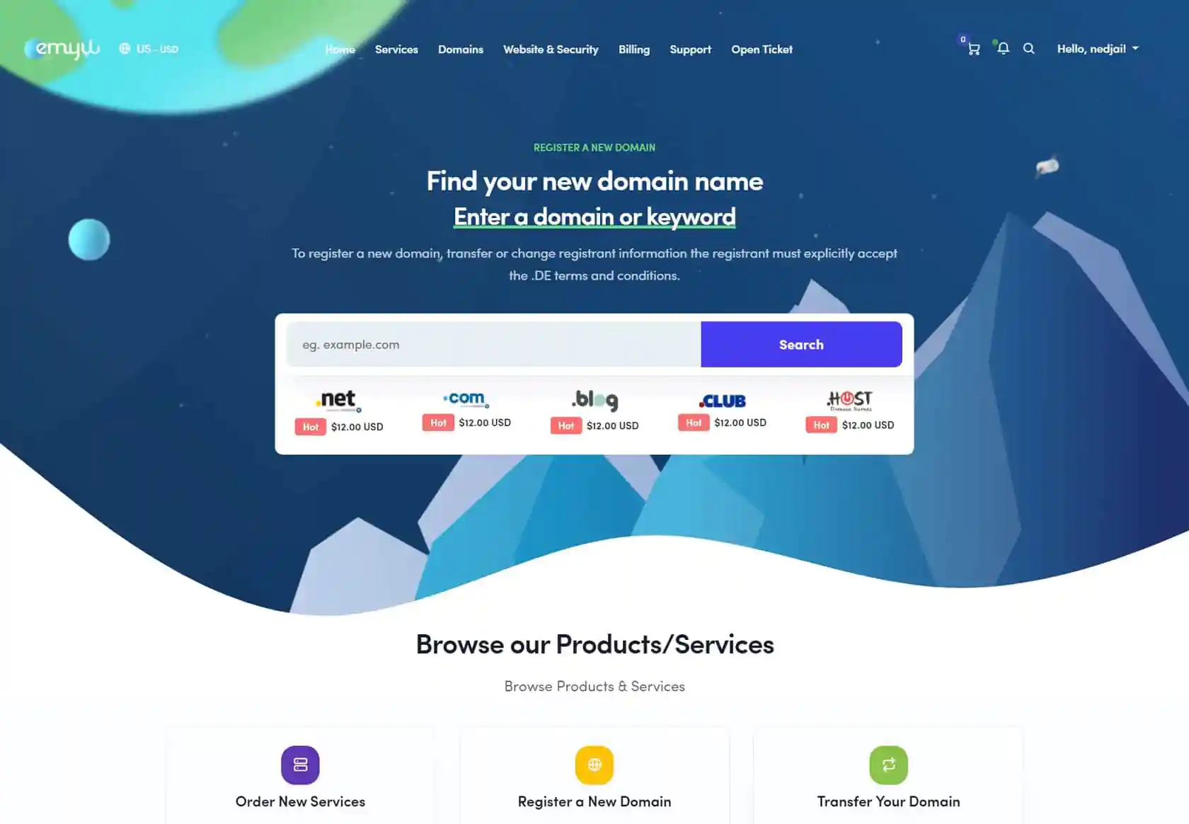 EMYUI WHMCS Client Theme - homepage